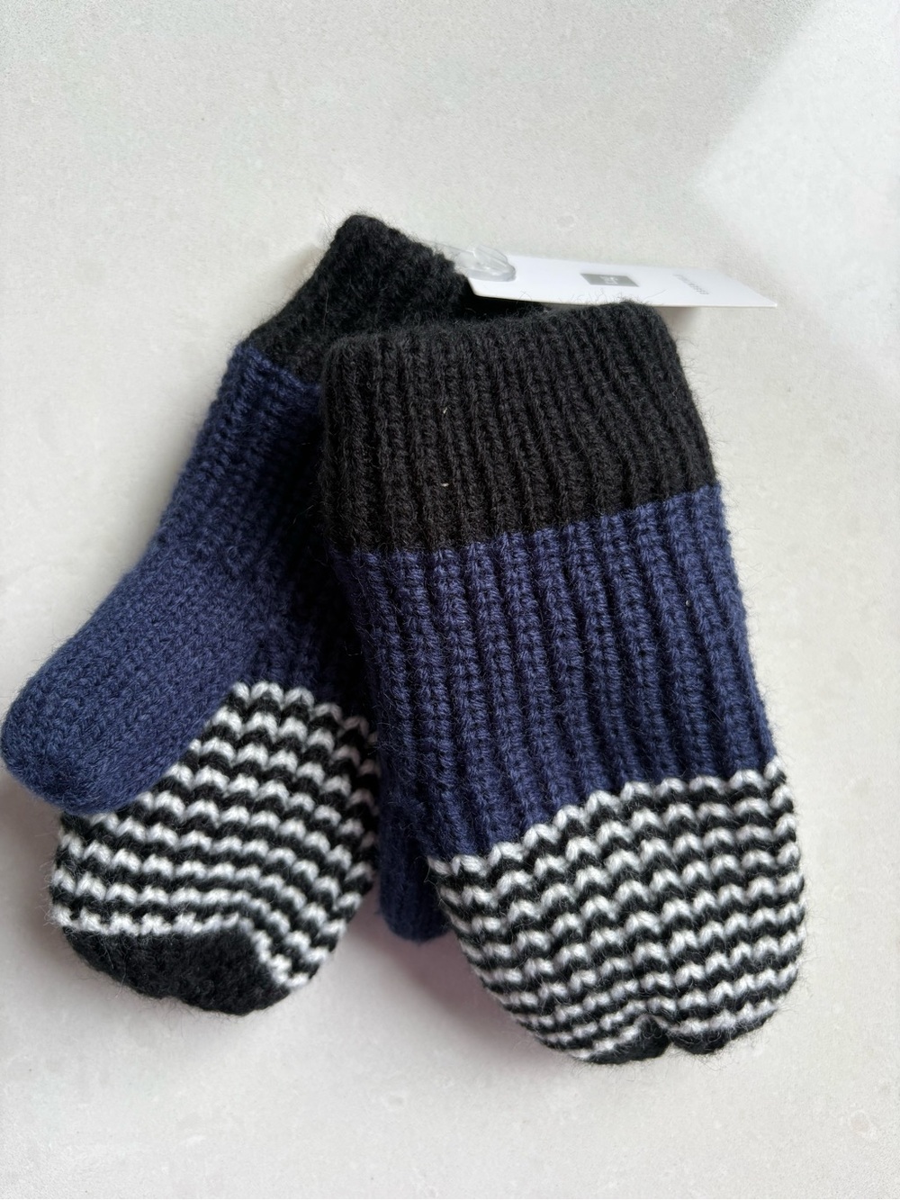 Navy, Black & White Striped Knit Mittens